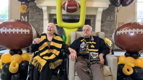 On October 7, Eileen and Alex, accompanied by their son, daughter-in-law and granddaughter, celebrated their love while watching their beloved Tiger-Cats in person at Tim Hortons field.
