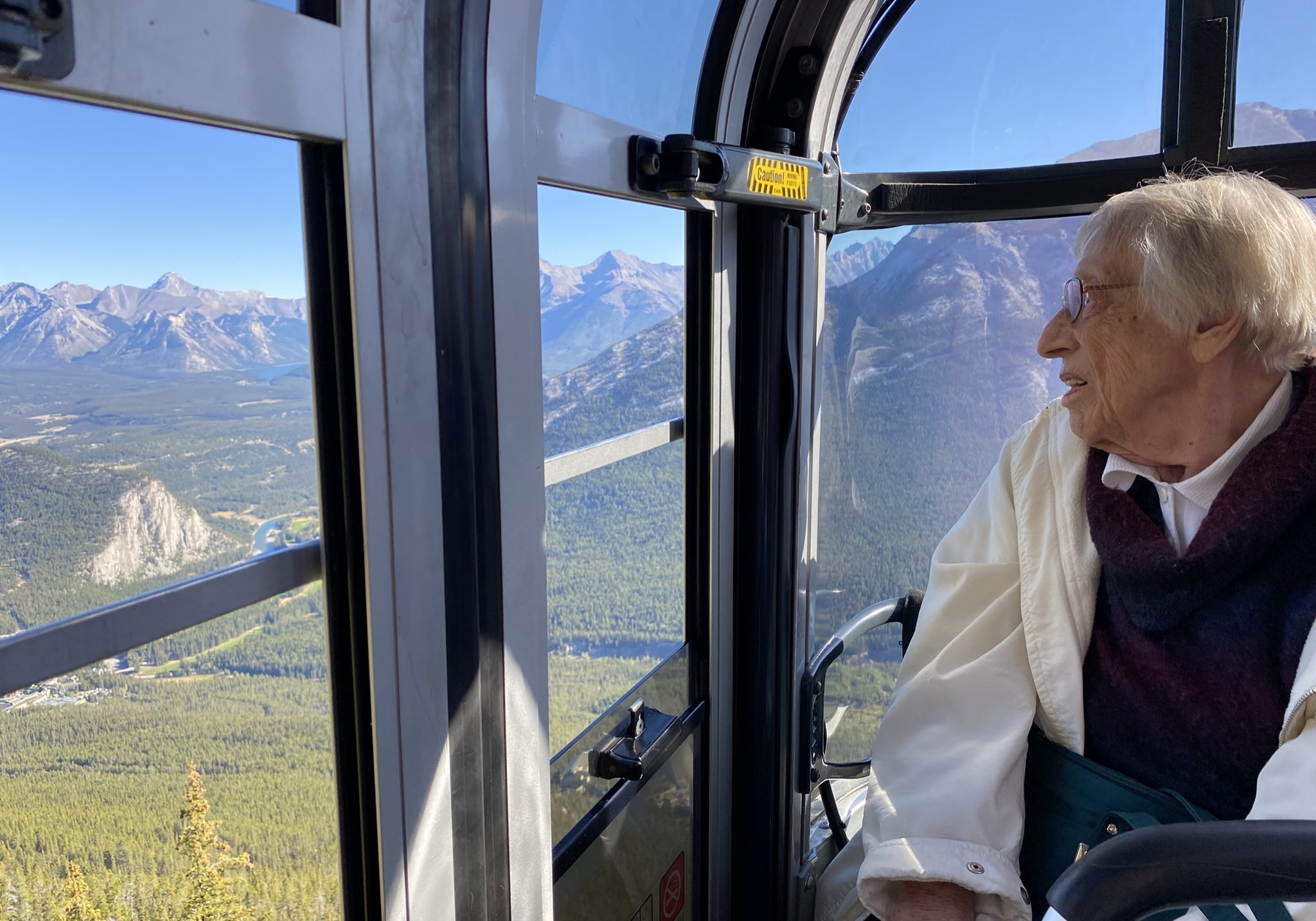 Christa enjoys her gondola ride up to the mountains in Banff.